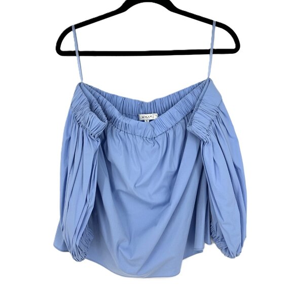 Milly Off-Shoulder Blouse Cotton Poplin Sky Blue Small - Picture 3 of 9